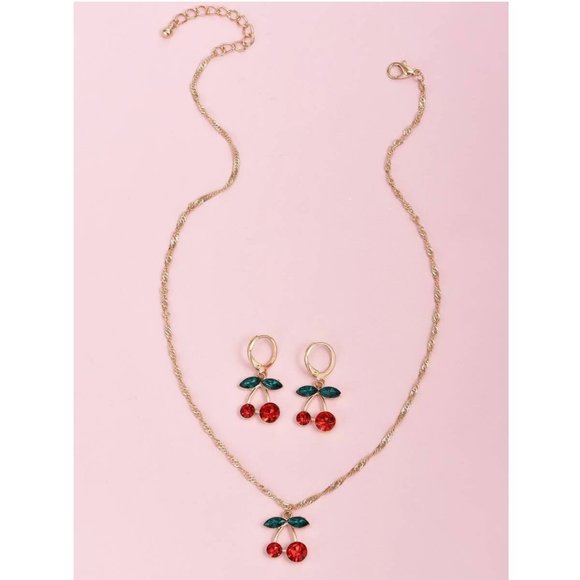 3 PIECE RHINESTONE CHERRY NECKLACE AND EARRINGS - Picture 4 of 4